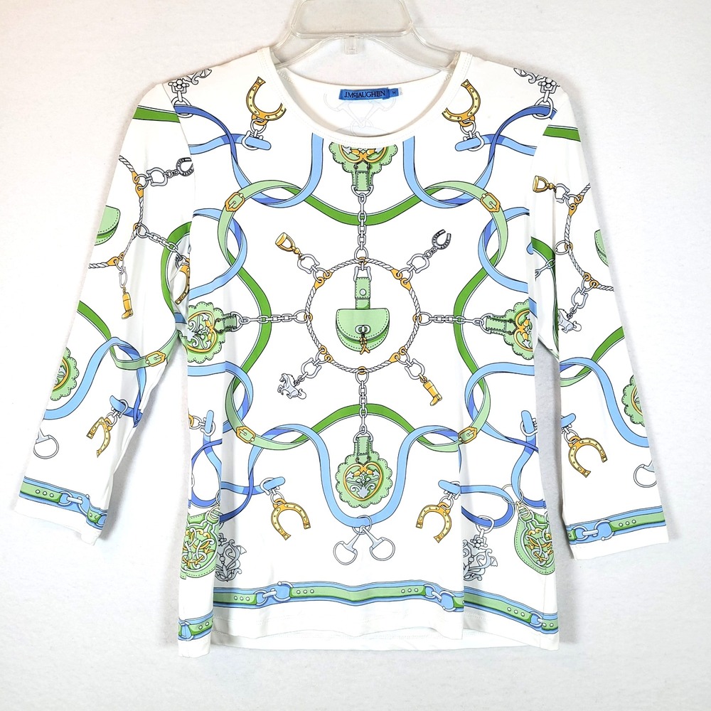 J. McLaughlin Women Catalina Cloth Chain 3/4 Sleeve Blouse Top Size Medium White
